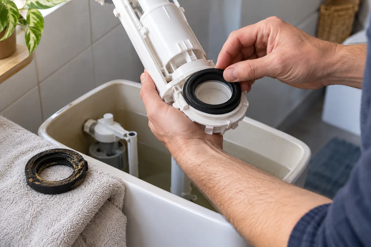 Mains remplaçant le joint du clapet d&rsquo;un mécanisme de chasse au-dessus d&rsquo;un réservoir de WC ouvert