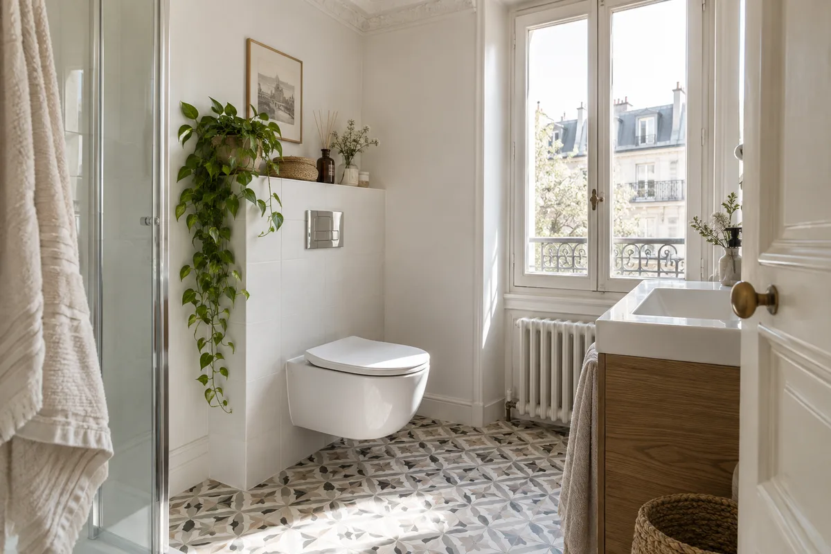 Salle de bain parisienne lumineuse équipée d&rsquo;un WC suspendu blanc et d&rsquo;une plaque de commande murale