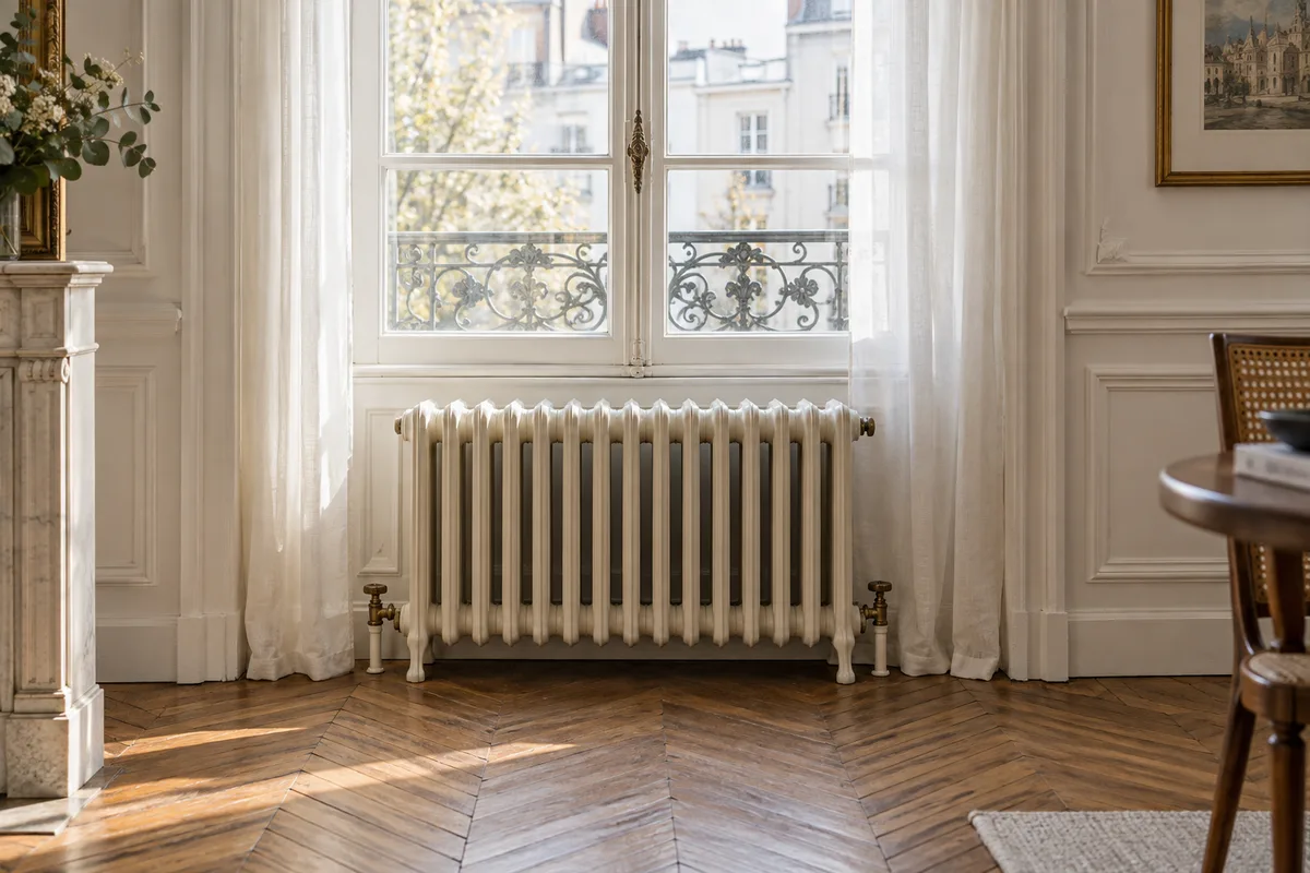 Radiateur en fonte sous la fenêtre d’un appartement haussmannien, à vérifier avant une pompe à chaleur