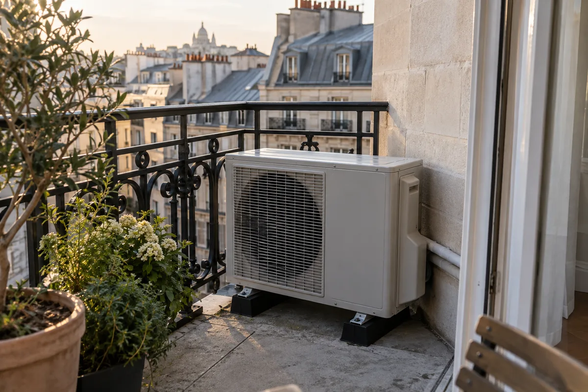 Petite unité extérieure de pompe à chaleur installée discrètement sur un balcon d’immeuble parisien