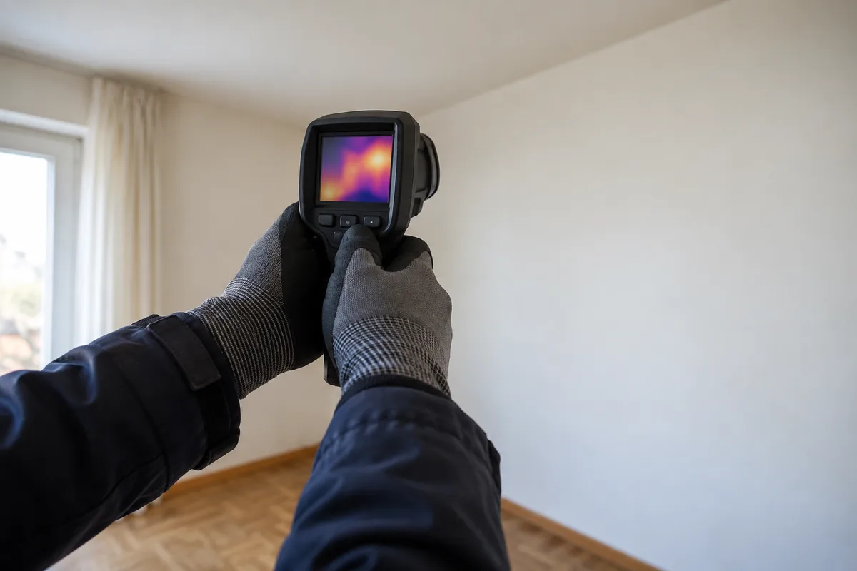 Mains d’un technicien tenant une caméra thermique orientée vers un mur de séjour