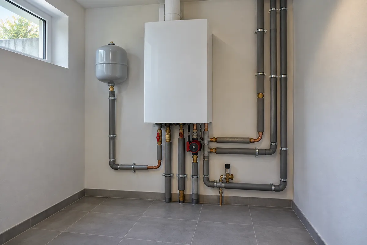Chaufferie de maison avec chaudière murale et tuyauteries calorifugées
