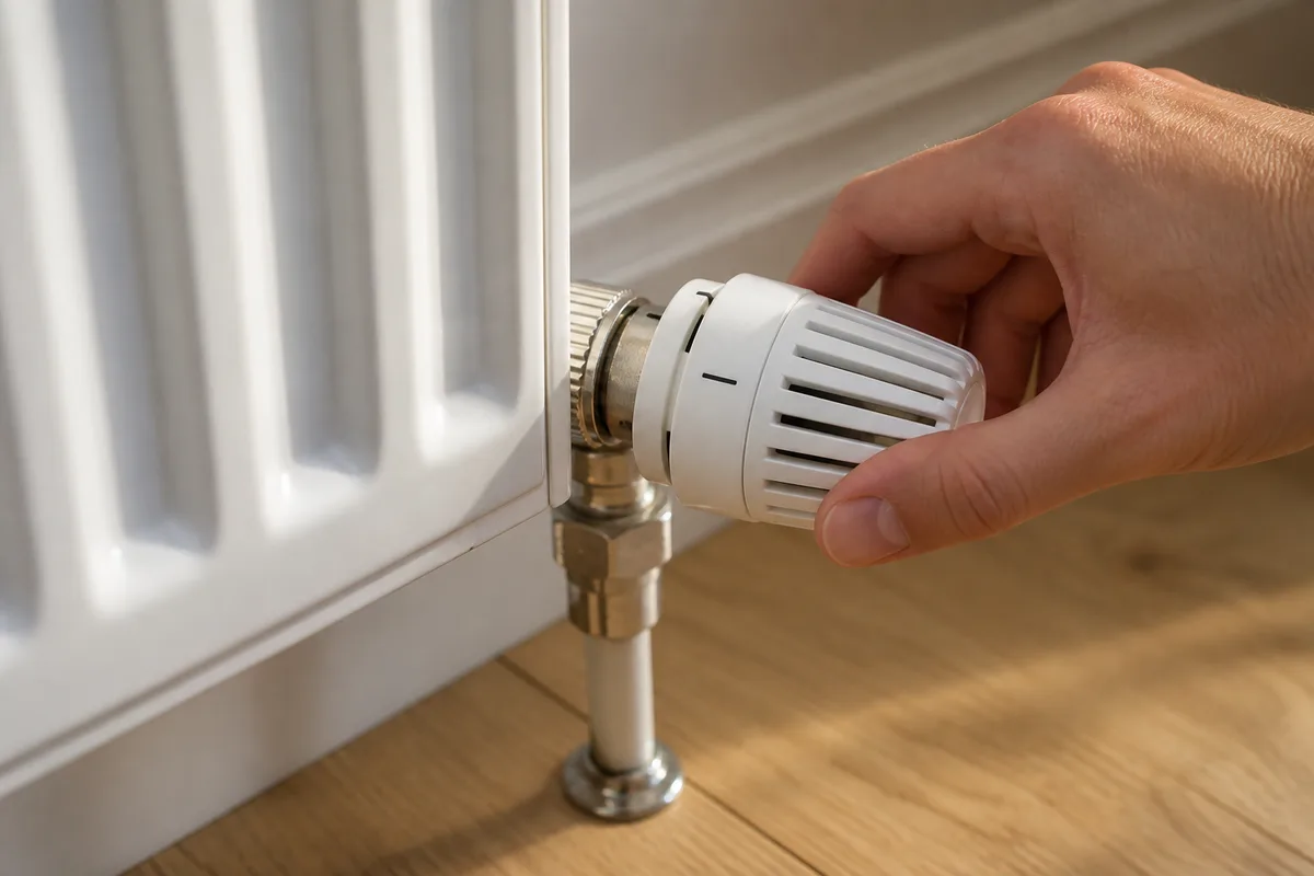 Robinet thermostatique de radiateur vu de près, une main réglant la molette