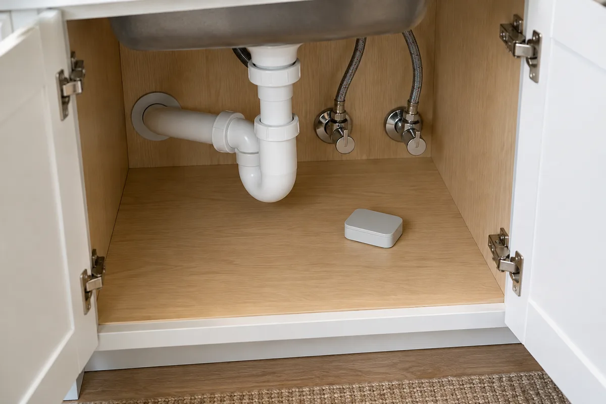 Meuble sous évier ouvert avec siphon blanc, flexibles d’alimentation et petit boîtier détecteur posé au fond