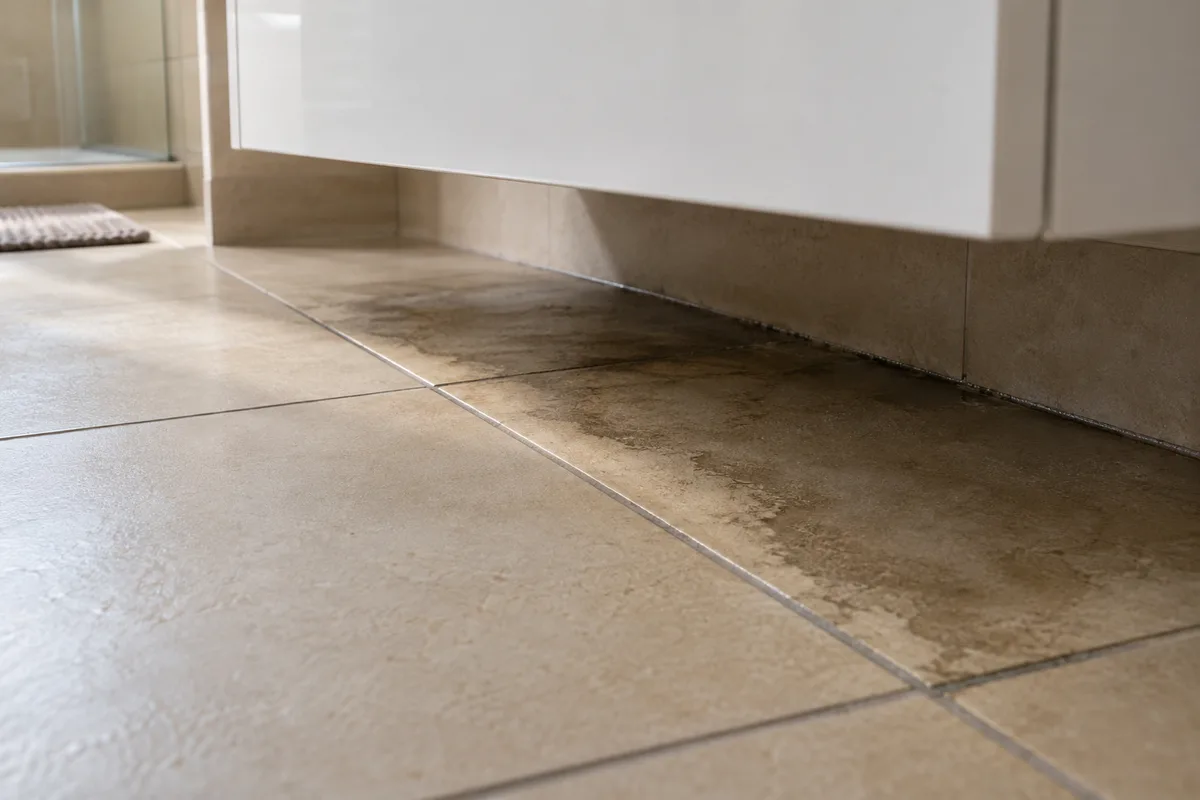 Joints de carrelage assombris par l’humidité au pied d’un meuble vasque de salle de bain
