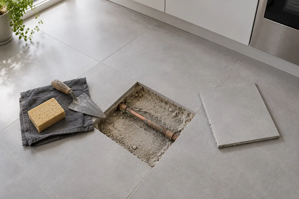 Un seul carreau déposé dans une cuisine laissant voir une canalisation en cuivre, les carreaux voisins intacts