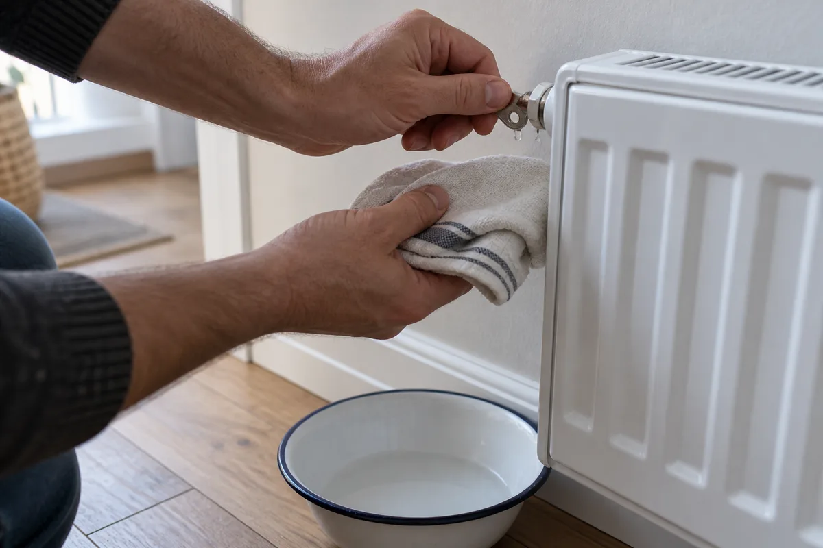 Mains tenant une clé de purge sur le purgeur d’un radiateur, petit récipient posé dessous