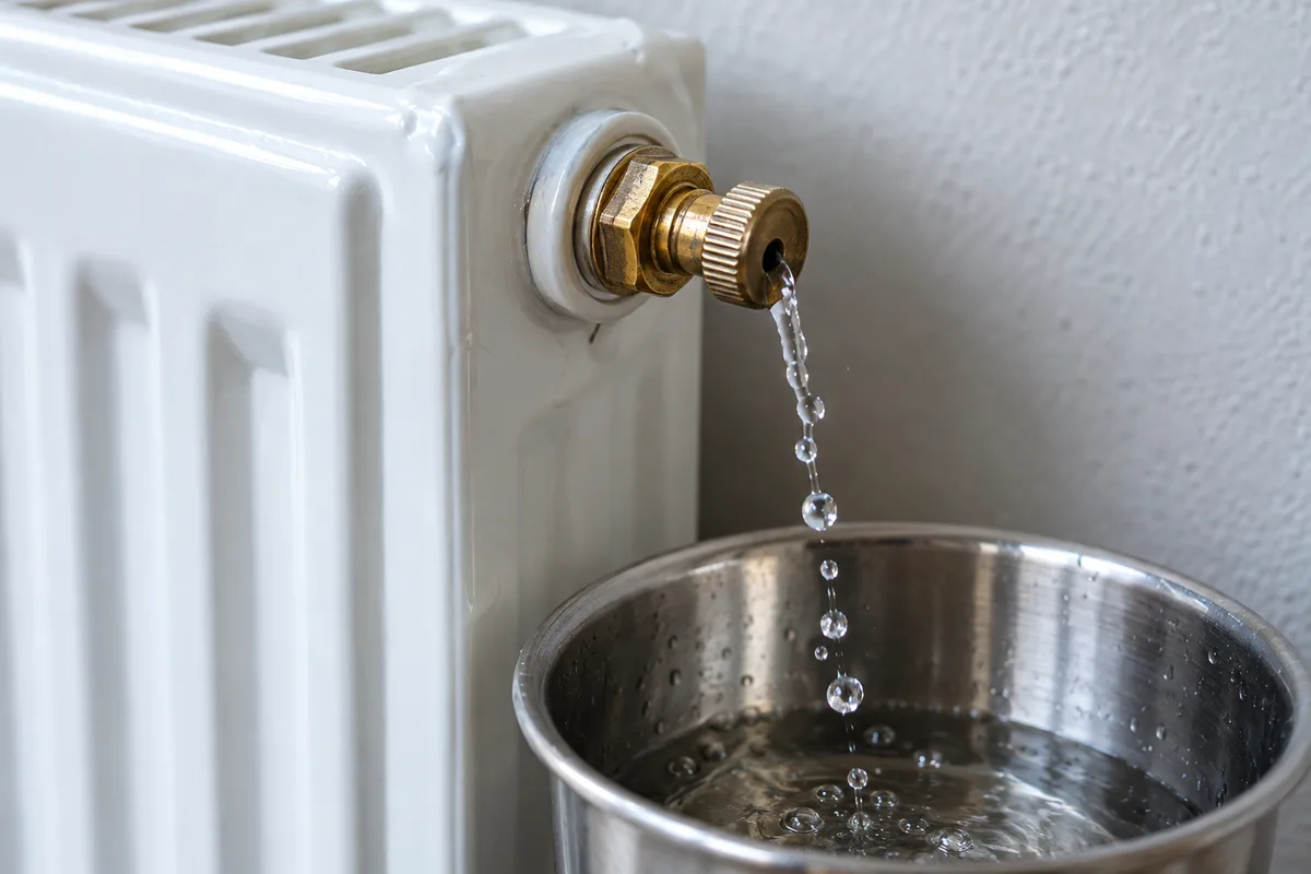 Filet d’eau s’échappant du purgeur d’un radiateur au moment de refermer