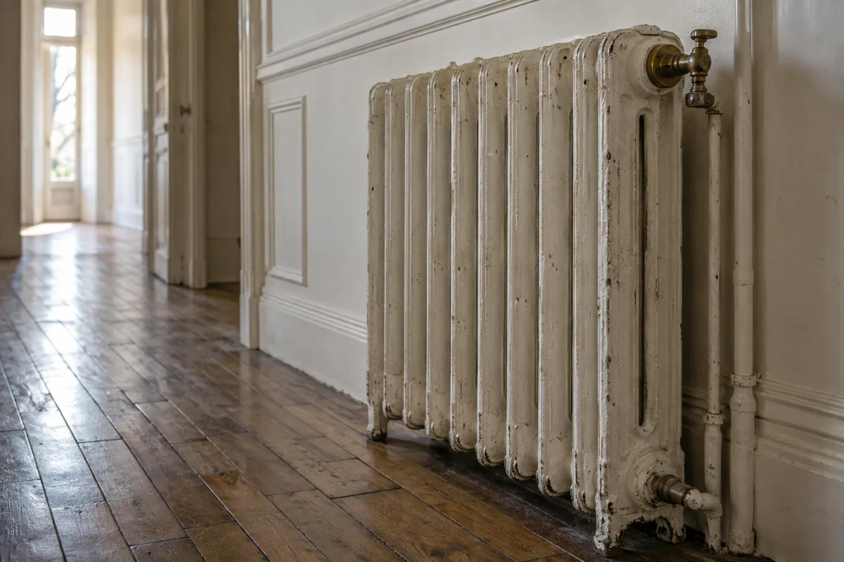 Radiateur en fonte ancien à colonnes installé le long d’un couloir