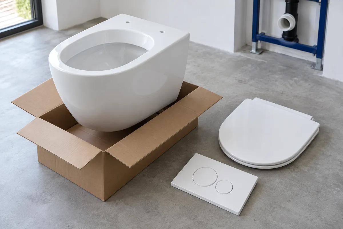 Cuvette de WC suspendu carénée posée sur son carton, avec abattant et plaque de commande