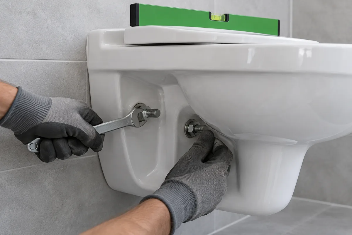 Mains gantées serrant les écrous d’une cuvette suspendue sur ses tiges filetées