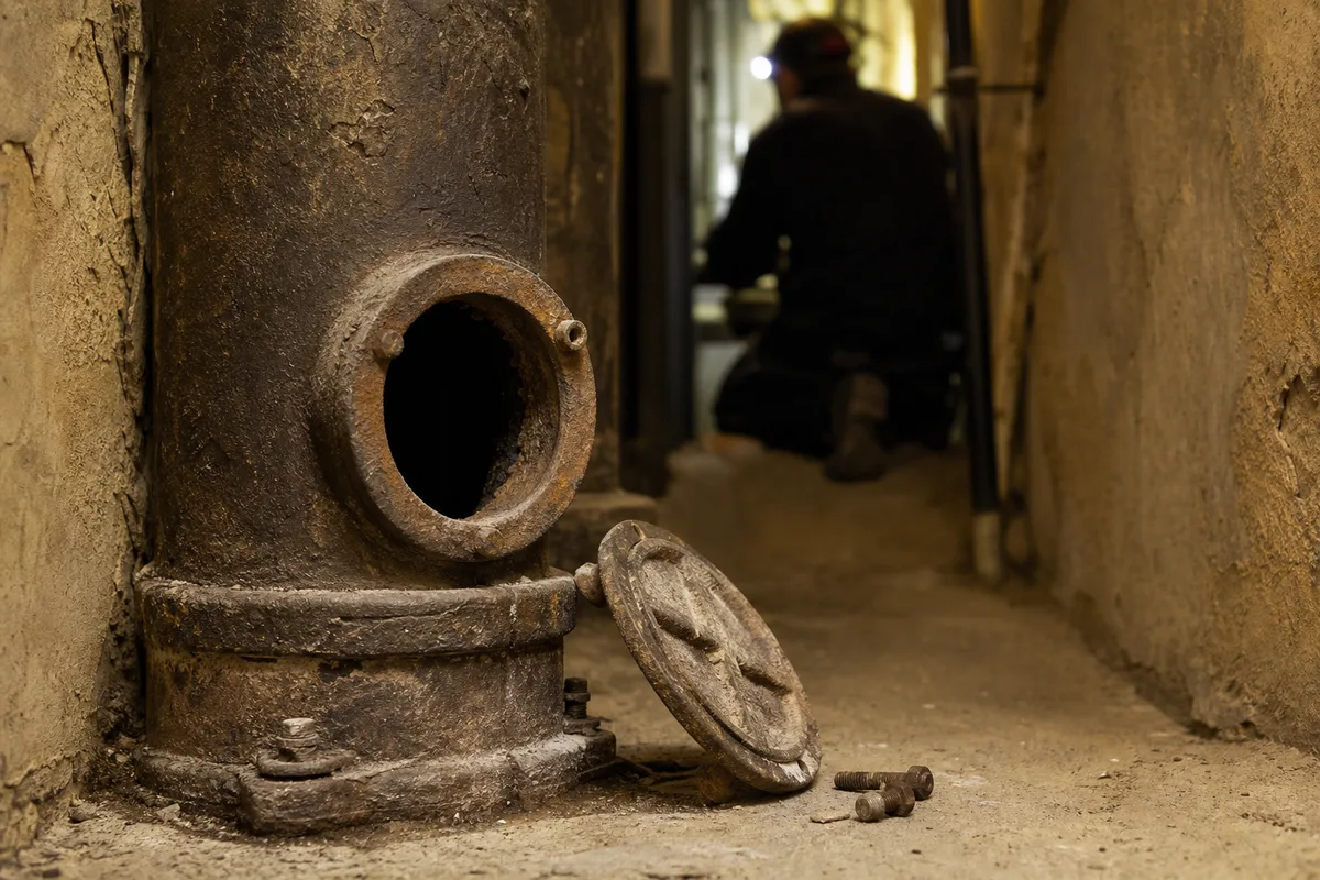 Colonne d’évacuation en fonte dans une gaine technique d’immeuble ancien, tampon de visite ouvert
