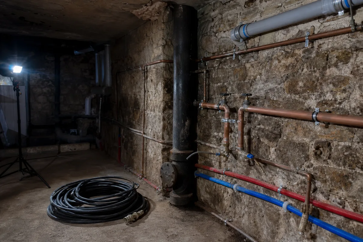 Colonne d’évacuation ancienne dans une cave d’immeuble parisien, éclairage de chantier