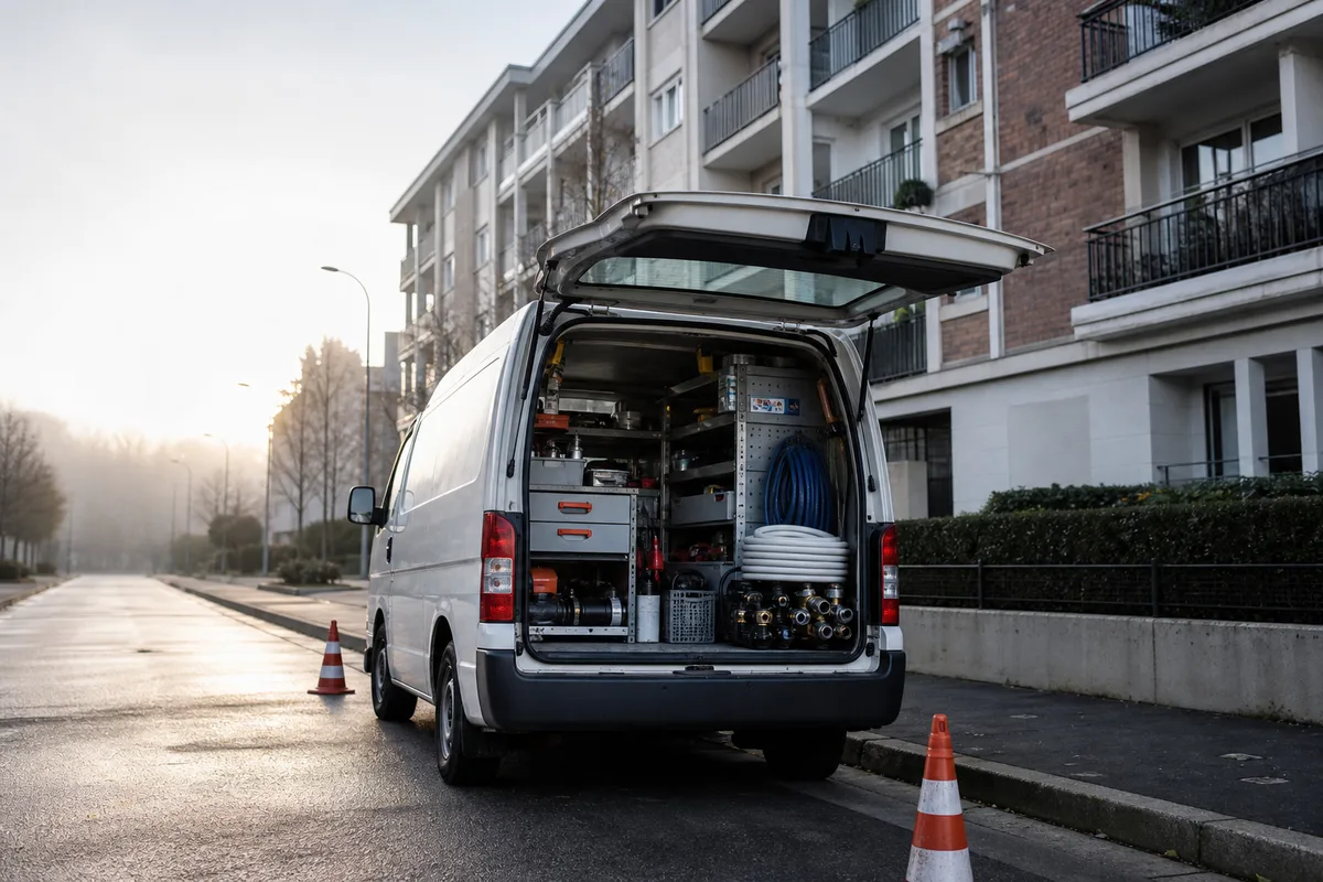 Fourgon d’entreprise de plomberie stationné devant un immeuble francilien au petit matin