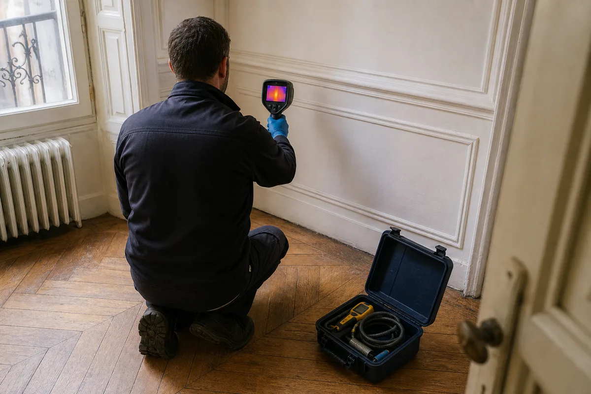Technicien de dos réalisant une recherche de fuite à la caméra thermique dans un appartement ancien