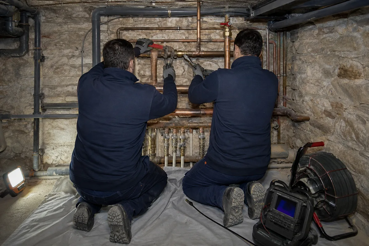 Équipe de plomberie en intervention sur un collecteur en cuivre dans un local technique d’immeuble, outillage professionnel au sol