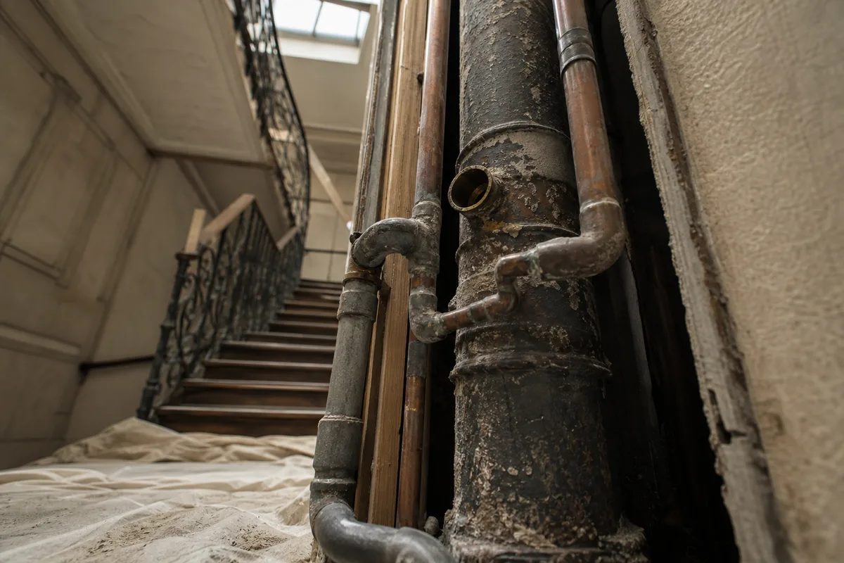 Colonne montante en fonte et canalisations anciennes dans une cage d’escalier d’immeuble haussmannien parisien