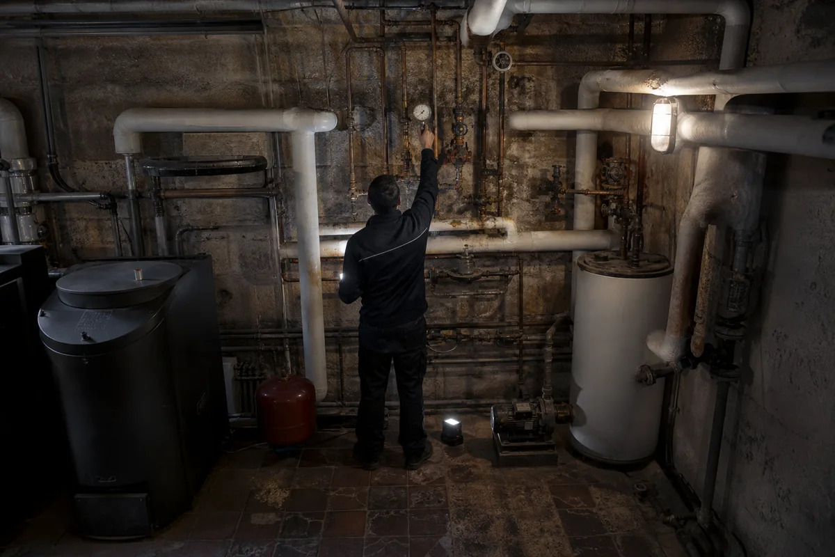 Technicien de dos vérifiant la pression d’un circuit de chauffage dans un immeuble ancien