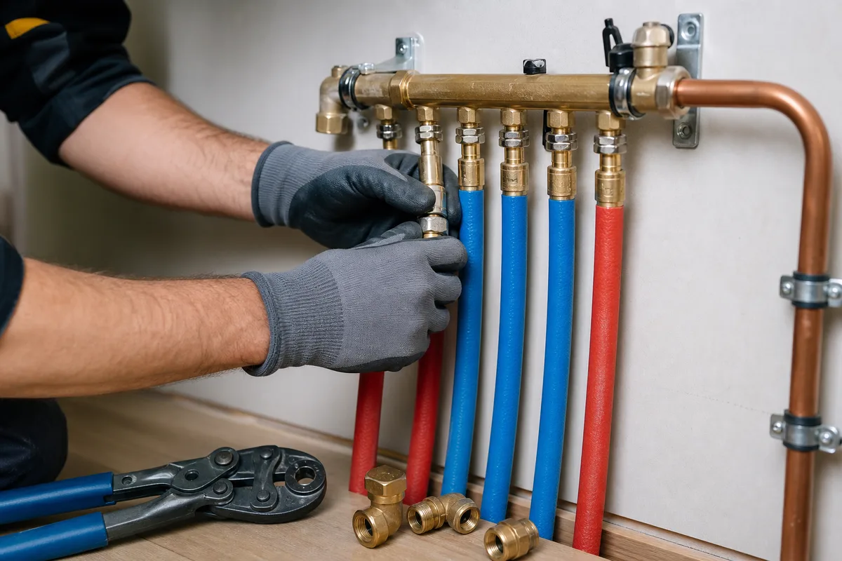Réseaux de distribution en cuivre et multicouche en cours de pose sur un chantier de rénovation, raccords à sertir et nourrice apparente