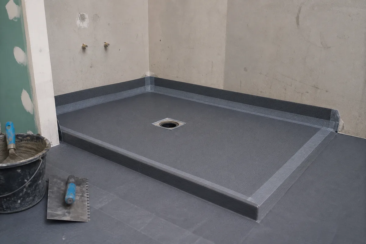 Salle de bain en cours de rénovation, bâti-support posé et natte d&rsquo;étanchéité déroulée avant carrelage, lumière naturelle