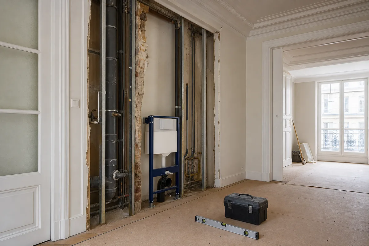 Chantier d’installation sanitaire dans un appartement ancien, bâti-support en place et cloison ouverte