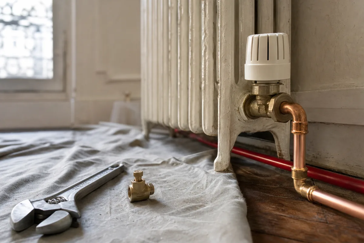 Radiateur en fonte et robinet thermostatique lors d’une opération de maintenance de réseau de chauffage