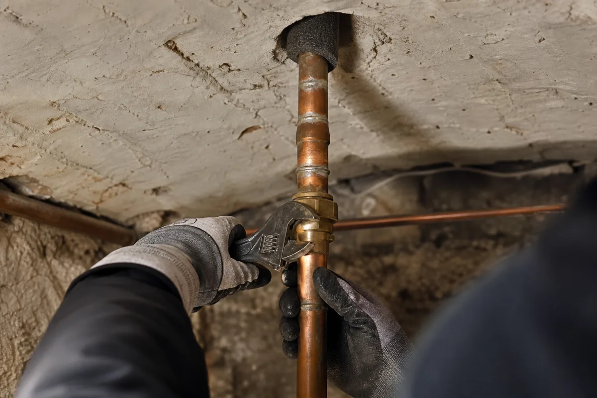 Colonne montante d&rsquo;eau froide en cuivre dans la cave d&rsquo;un immeuble collectif