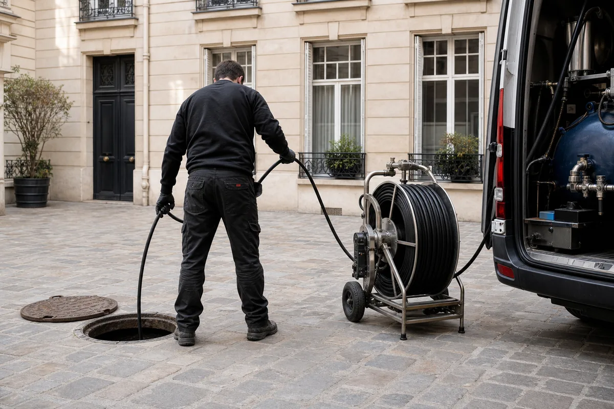 Technicien de dos préparant un flexible d&rsquo;hydrocurage dans une cour d&rsquo;immeuble ancien