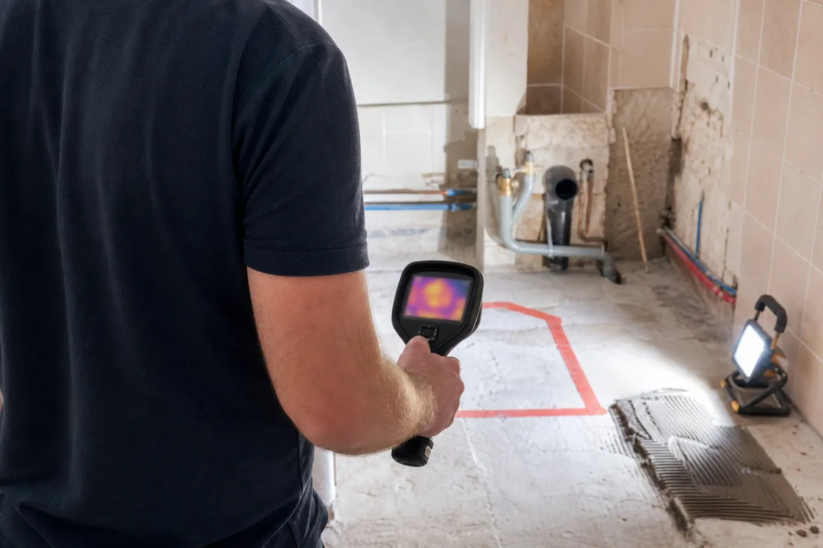 Technicien inspectant une canalisation encastrée à la caméra thermique dans un appartement