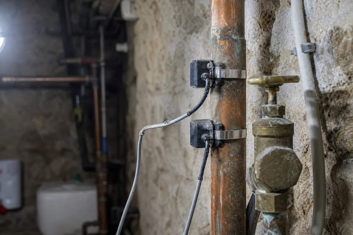 Deux capteurs de corrélation acoustique posés sur une colonne d’eau en cuivre dans une cave d’immeuble