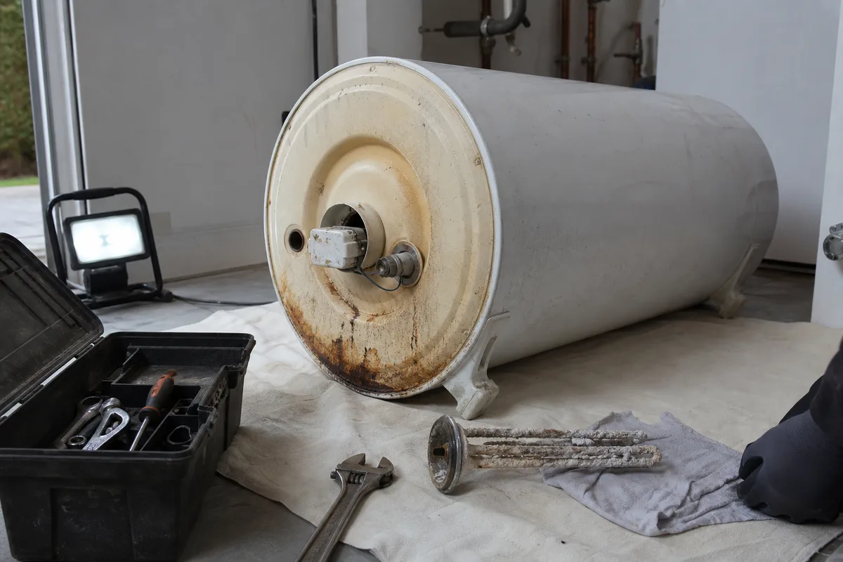 Ancien cumulus électrique déposé dans un local technique avant remplacement