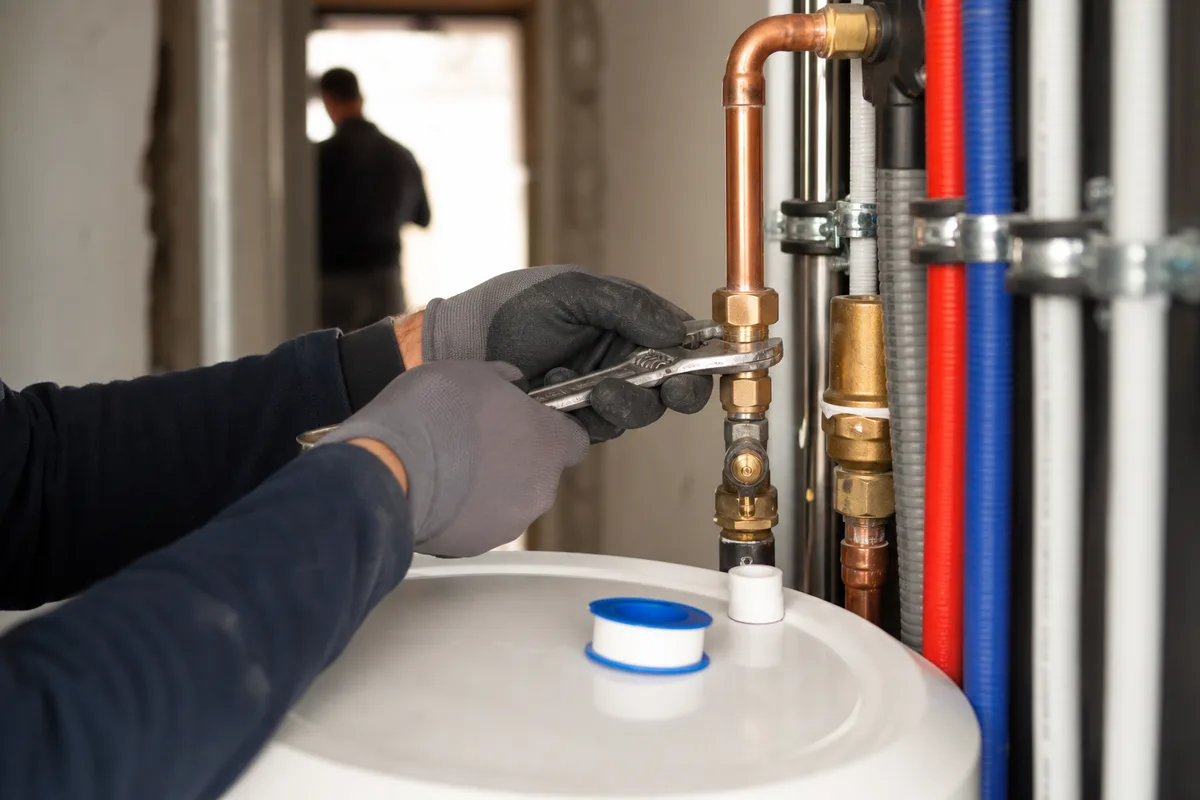 Technicien raccordant un chauffe-eau neuf en cuivre dans une gaine technique