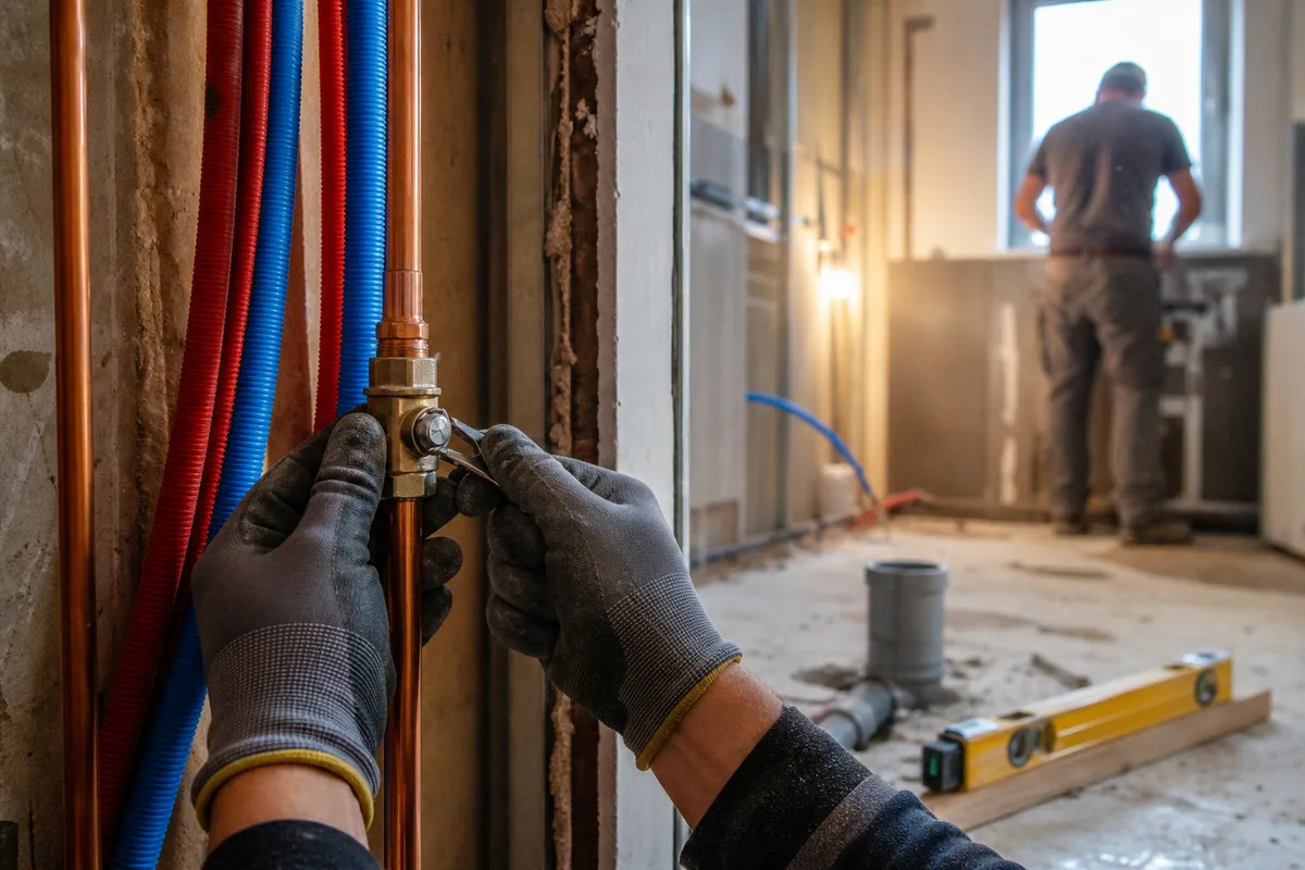 Salle de bain en cours de rénovation, cloison ouverte et alimentations en cuivre apparentes