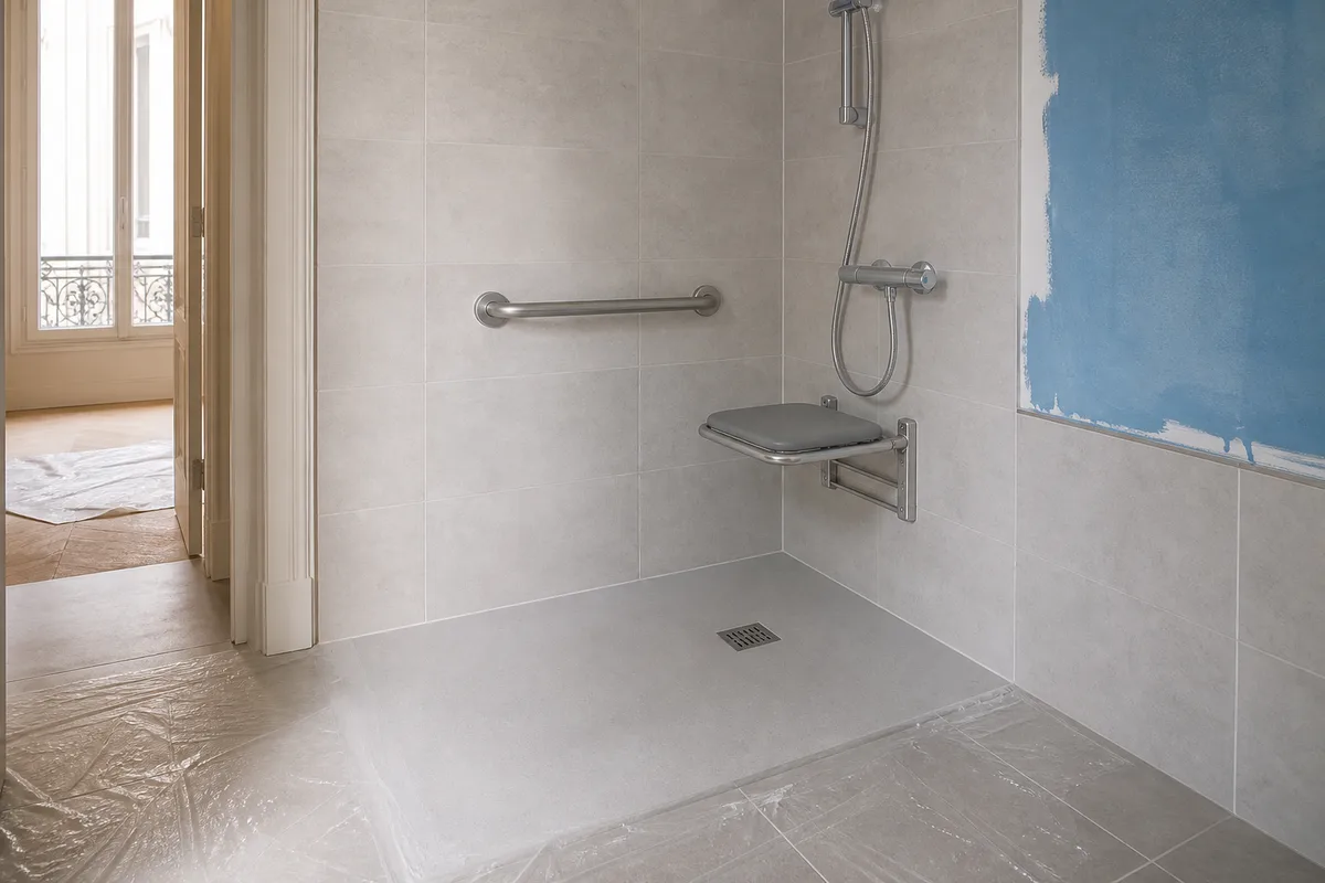 Douche de plain-pied avec barre d’appui, chantier de salle de bain adaptée en immeuble ancien
