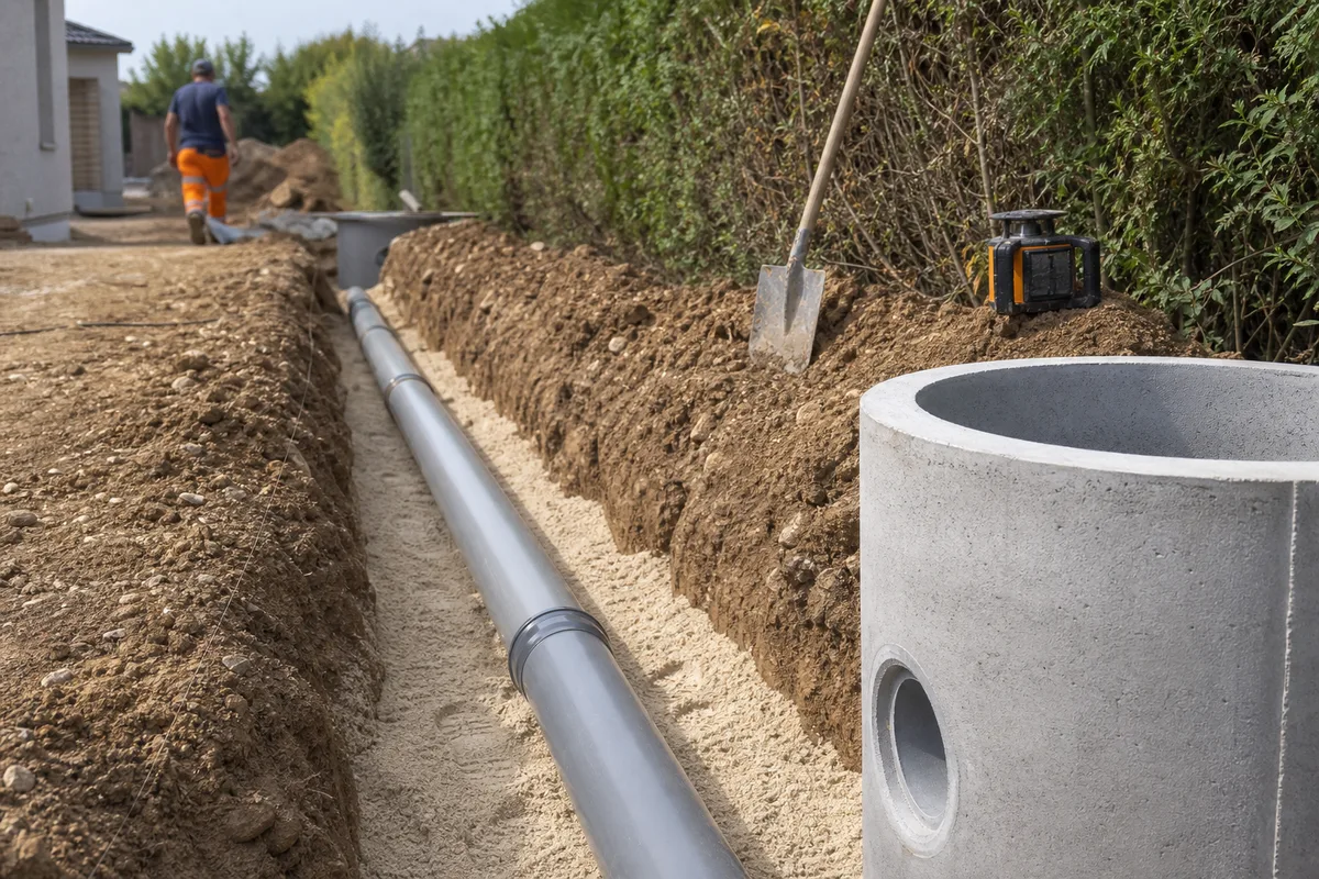 Tranchée de raccordement au réseau public devant un chantier, canalisation posée sur lit de sable et regard de branchement